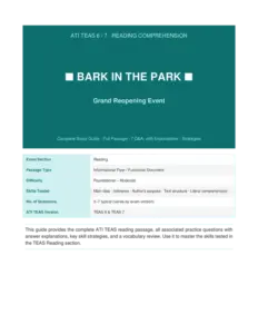 The ATI TEAS Reading passage "Bark in the Park Grand Reopening Event"