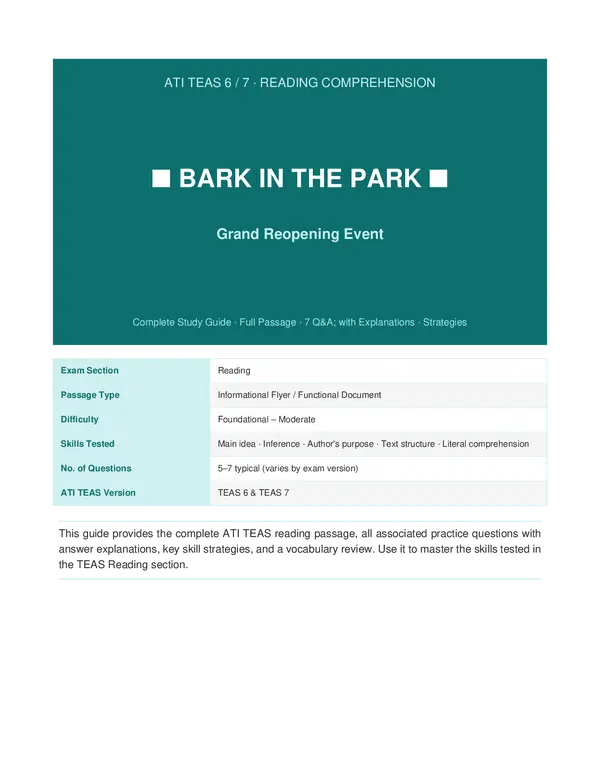 The ATI TEAS Reading passage “Bark in the Park Grand Reopening Event”