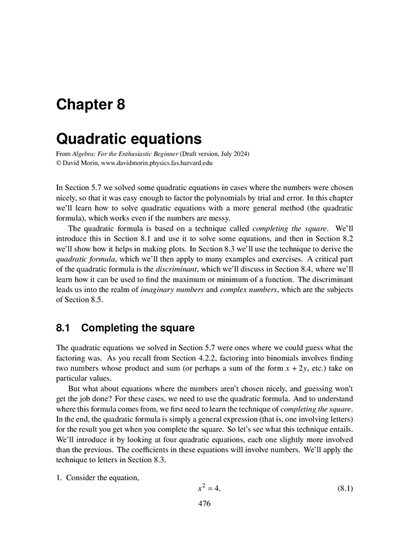 Unit 8 Quadratic Equations