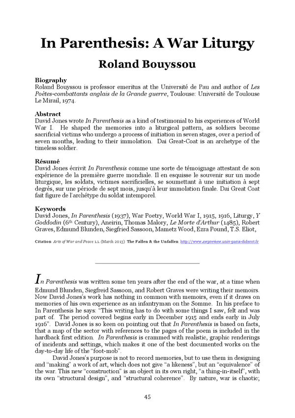 In Parenthesis: A War Liturgy Roland Bouyssou
