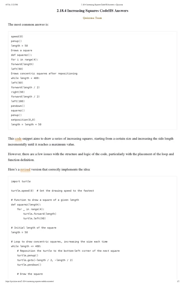 2.18.4 Increasing Squares CodeHS Answers
