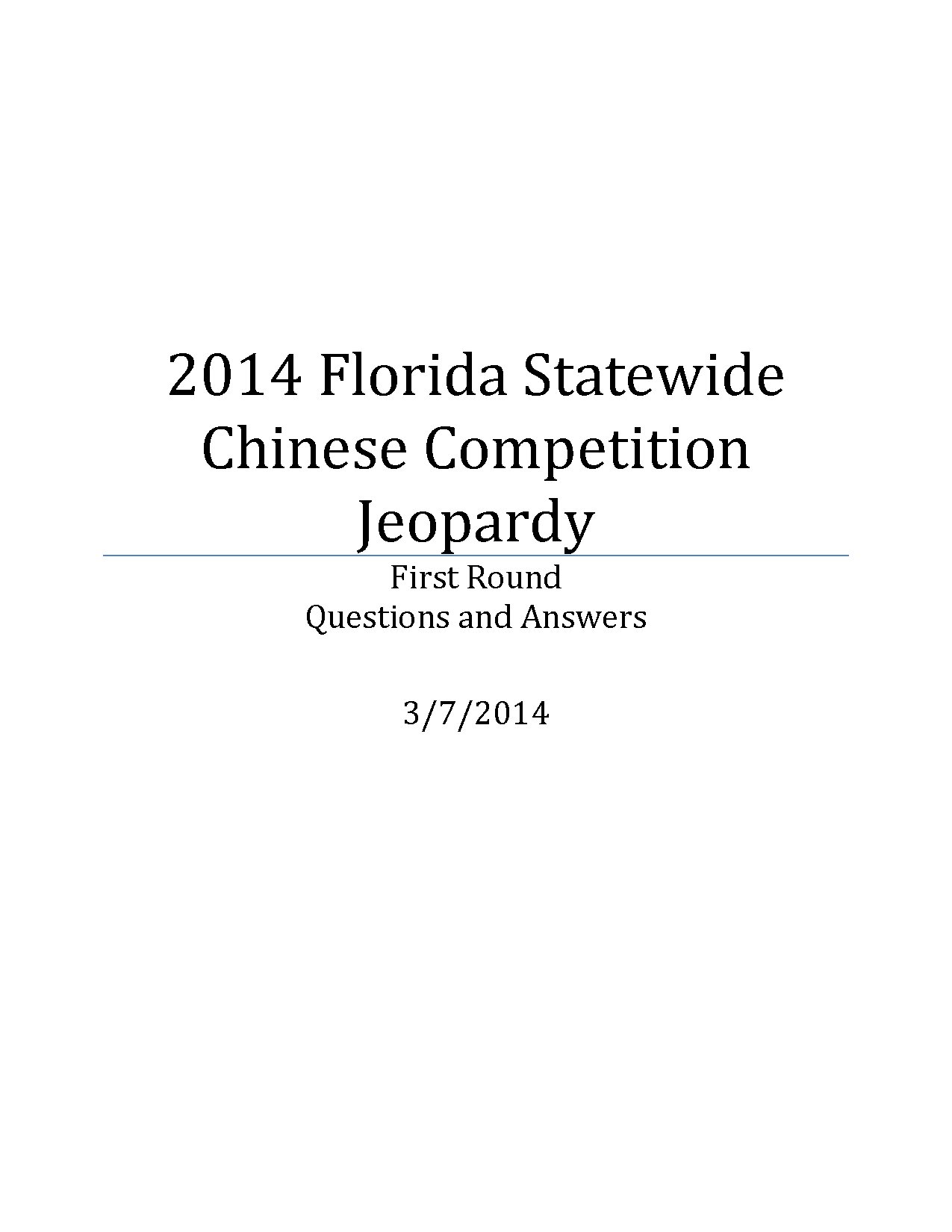 2014 Florida Statewide Chinese Competition Jeopardy
