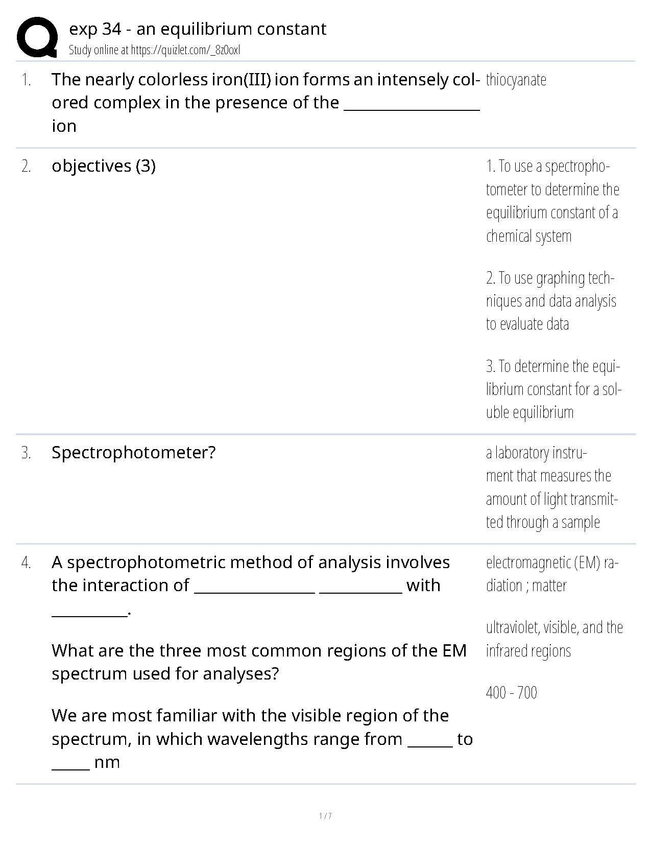 Exp 34 – an equilibrium constant