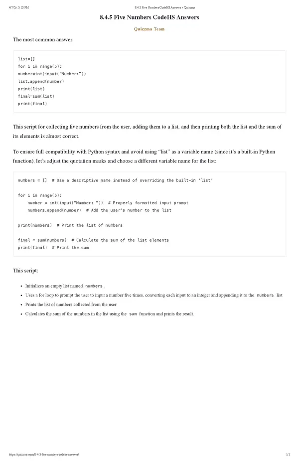 8.4.5 Five Numbers CodeHS Answers