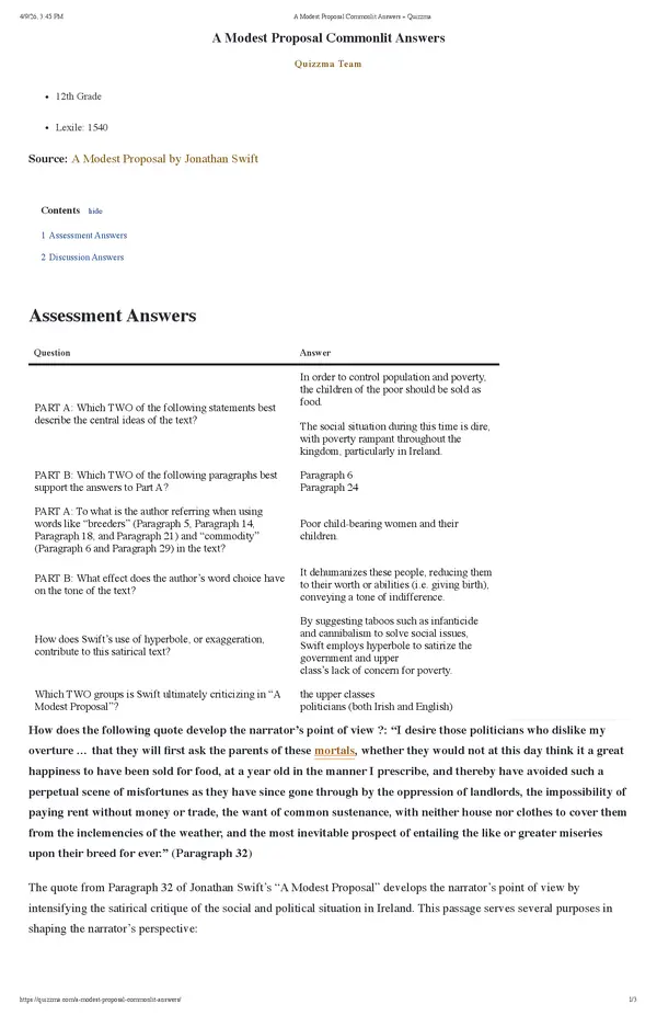 A Modest Proposal Commonlit Answers