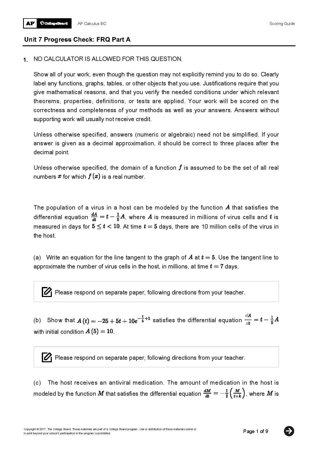 AP Calculus BC Unit 7 Progress Check FRQ Part A