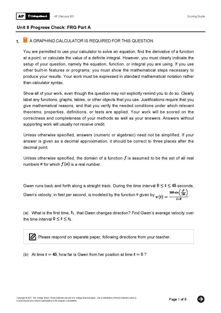 AP Calculus BC Unit 8 Progress Check FRQ Part A