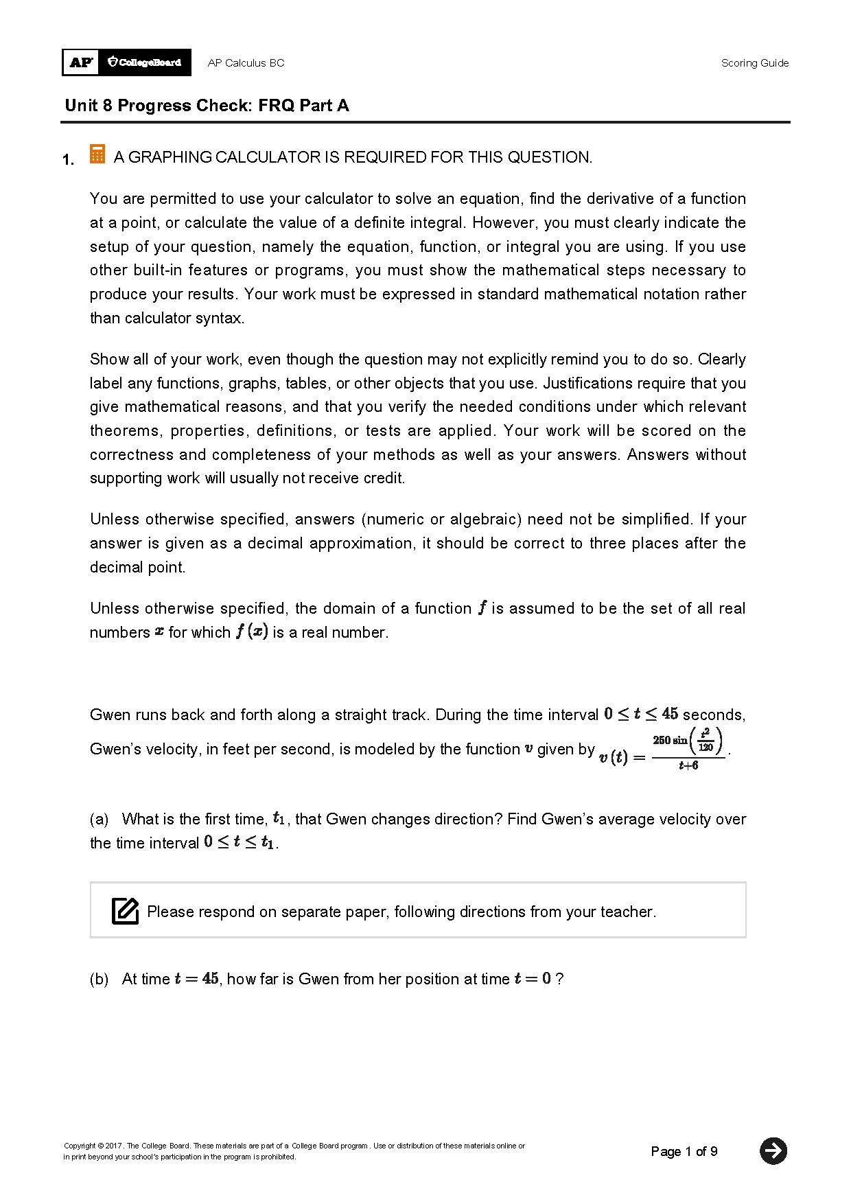 AP Calculus BC Unit 8 Progress Check FRQ Part A