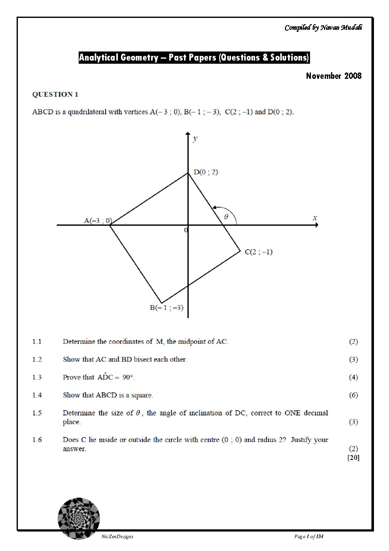 Analytical Geometry Past Papers Questions and Solutions