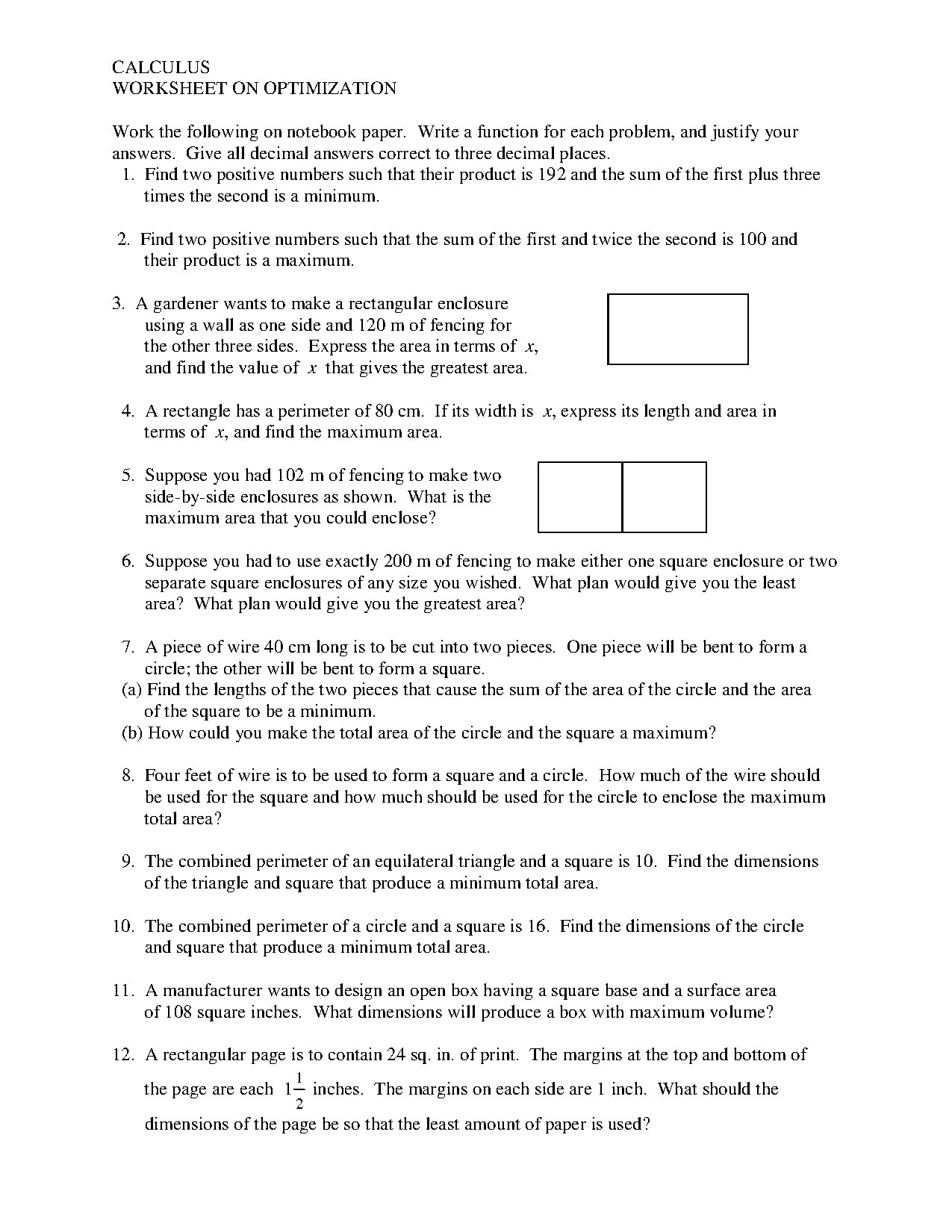 Calculus Optimization Problems Worksheet