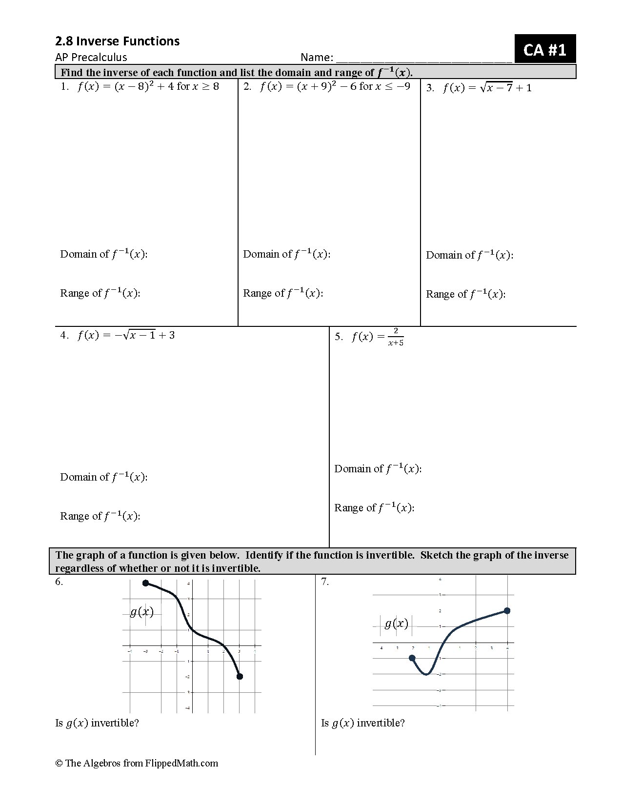 Corrective Assignments 2.8 Inverse Functions AP Precalculus