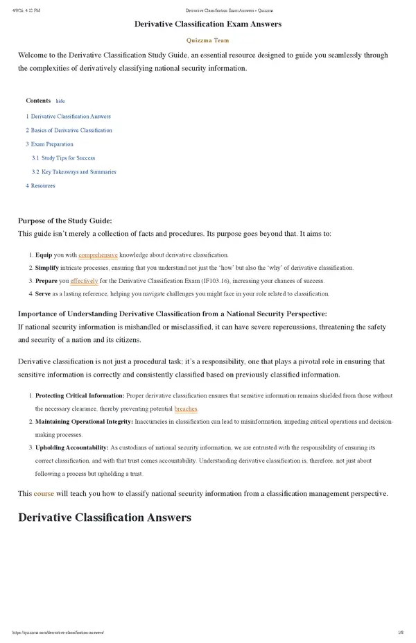 Derivative Classification Exam Answers