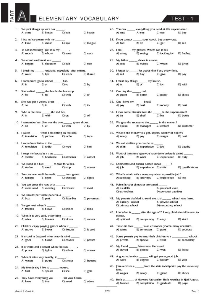 Elementary Vocabulary Tests and Answer Key