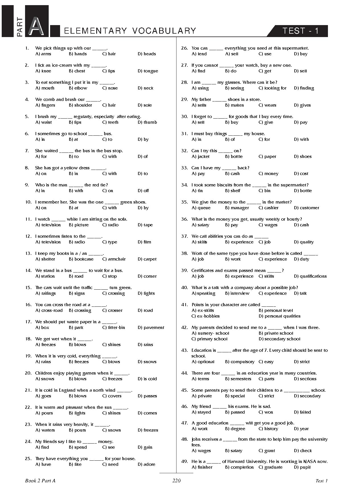 Elementary Vocabulary Tests and Answer Key