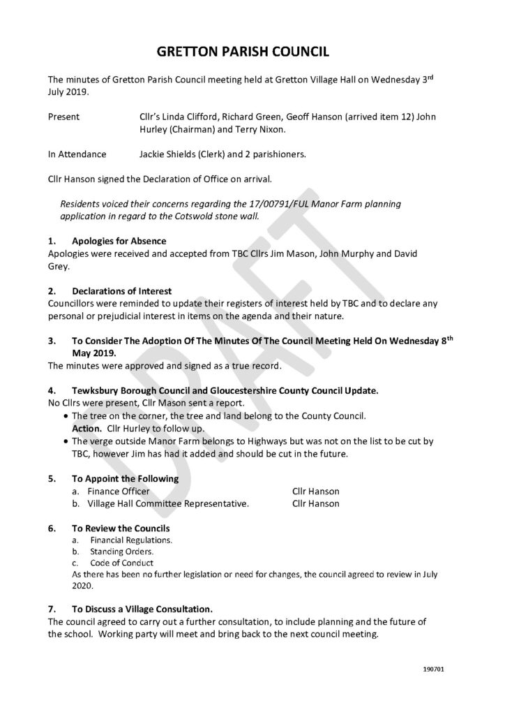 Gretton Parish Council Meeting Minutes July 2019