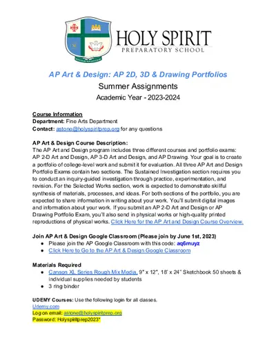 AP Art & Design: AP 2D, 3D & Drawing Portfolios Summer Assignments