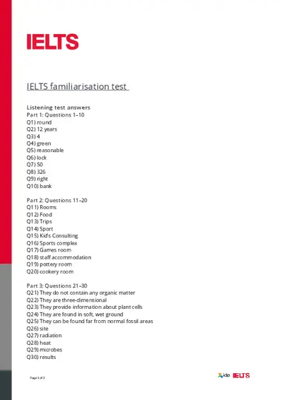 IELTS Familiarisation Test Listening Answers