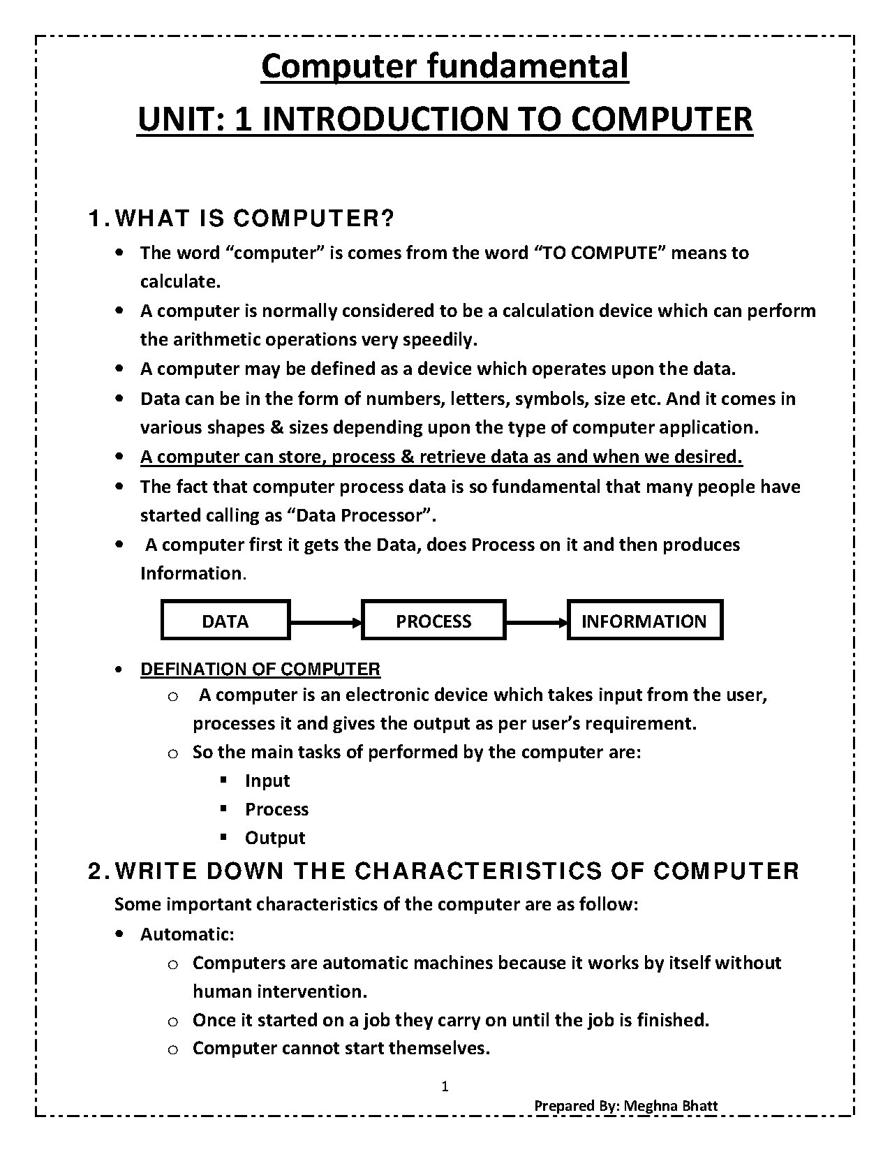 Introduction to Computer Fundamentals Unit 1