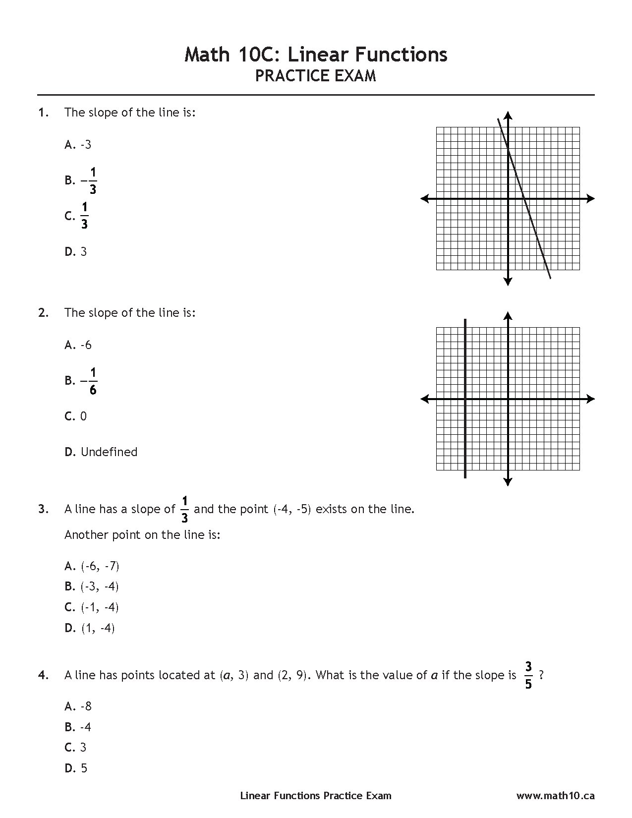 Math 10C Linear Functions Practice Exam Questions and Answers