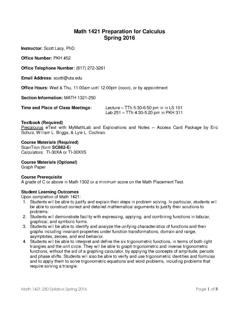 Math 1421 Preparation for Calculus Syllabus Spring 2016