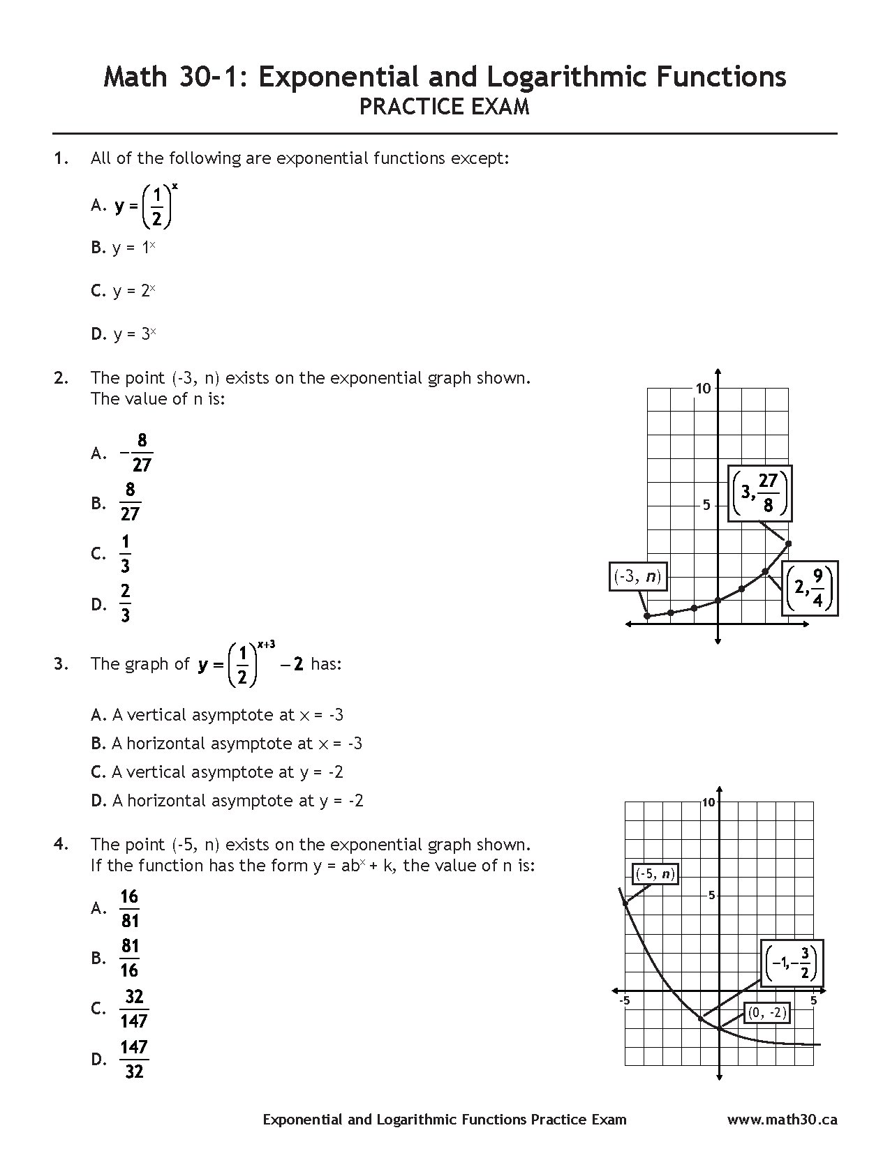 Math 30-1 Exponential and Logarithmic Functions Practice Exam