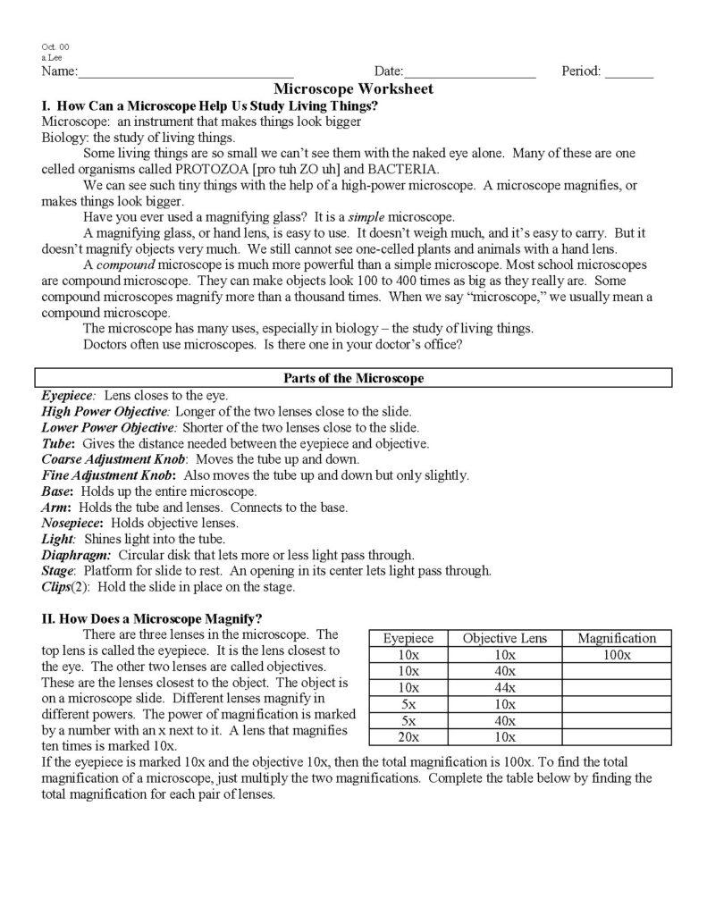 Microscope Worksheet for Biology Students