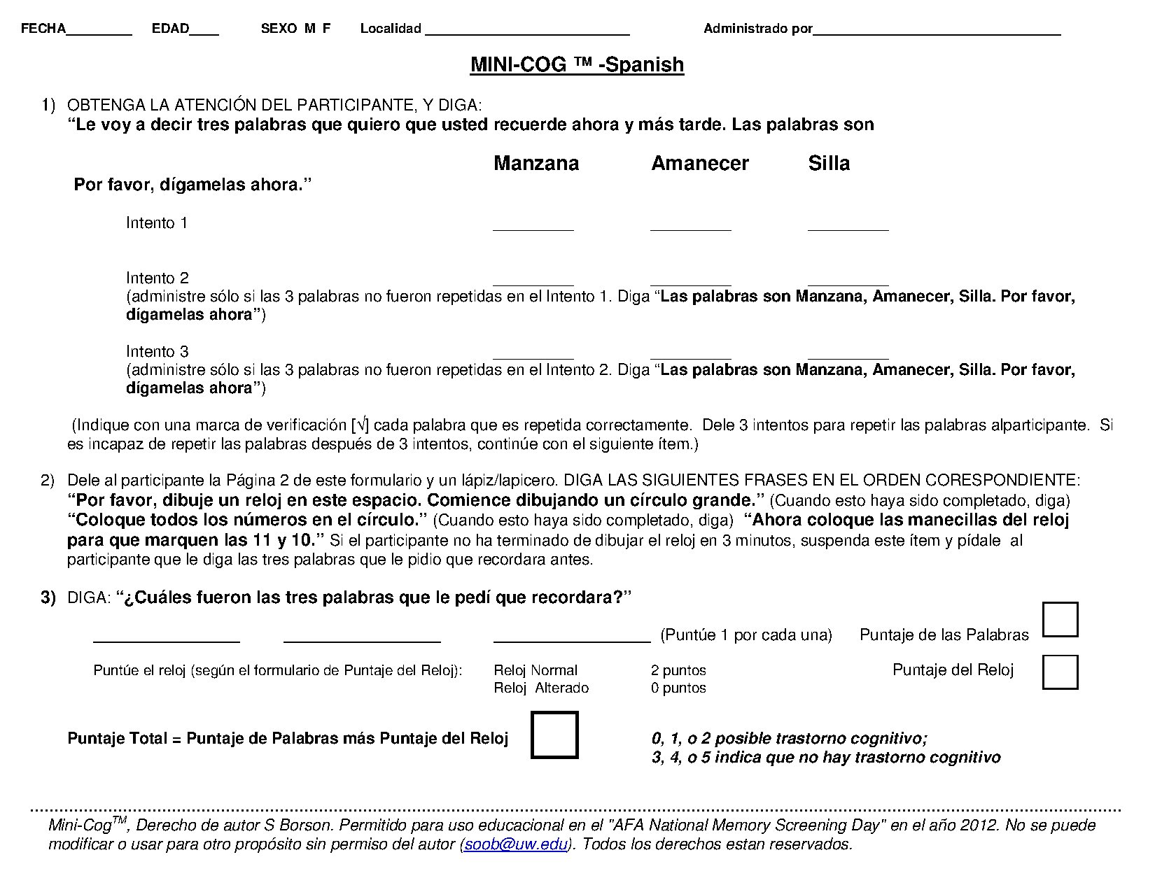 Mini-Cog Assessment Tool in Spanish