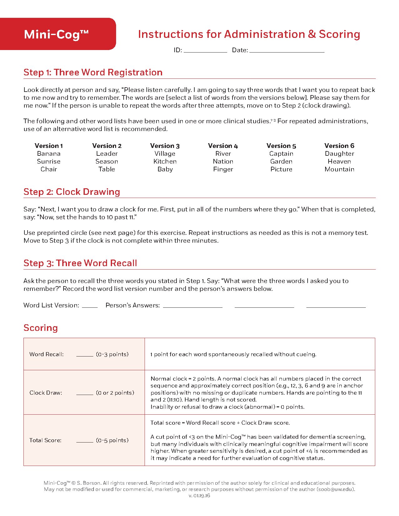 Mini-Cog Instrument Administration and Scoring Guide