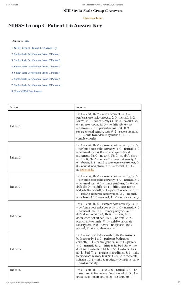 NIH Stroke Scale Group C Answers