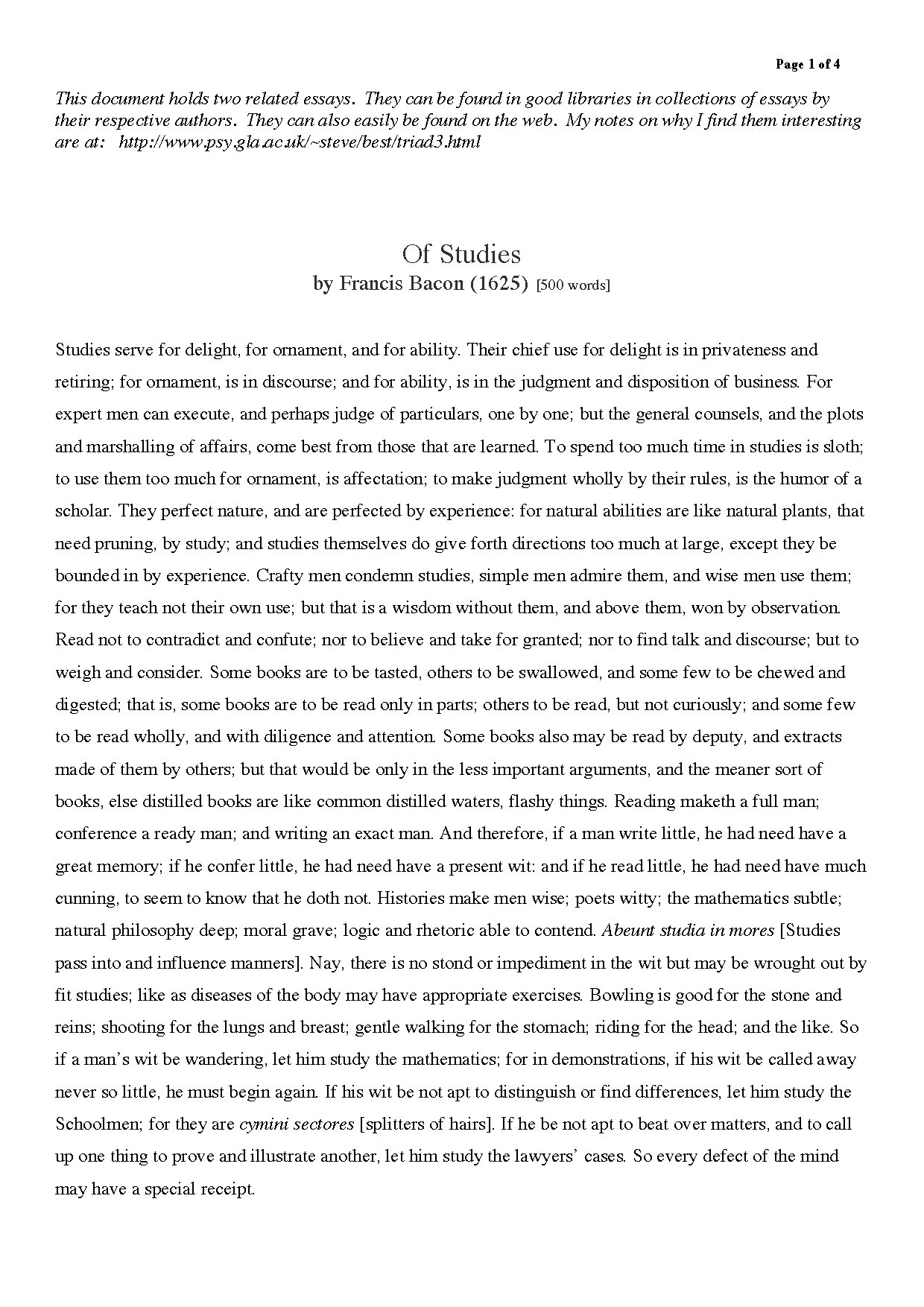 Of Studies by Francis Bacon 1625 Essay Analysis