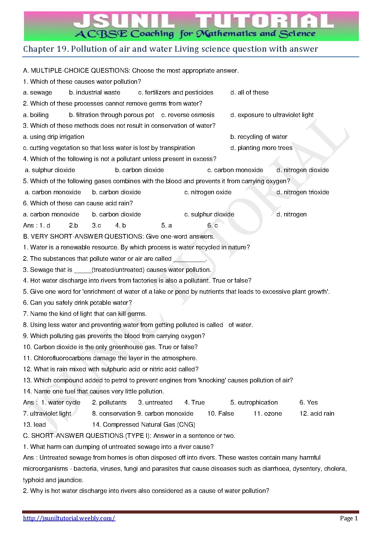 Pollution of Air and Water: Living Science Questions and Answers