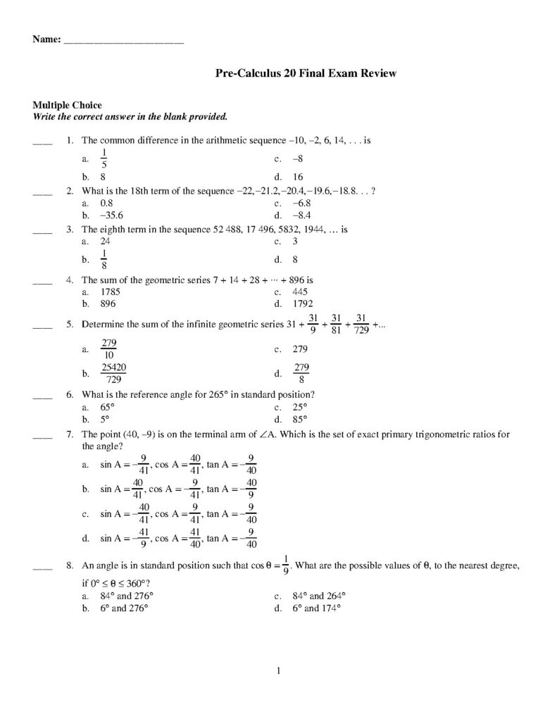 Pre-Calculus 20 Final Exam Review by Unknown Author