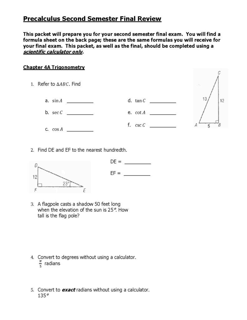 Precalculus Second Semester Final Review Trigonometry