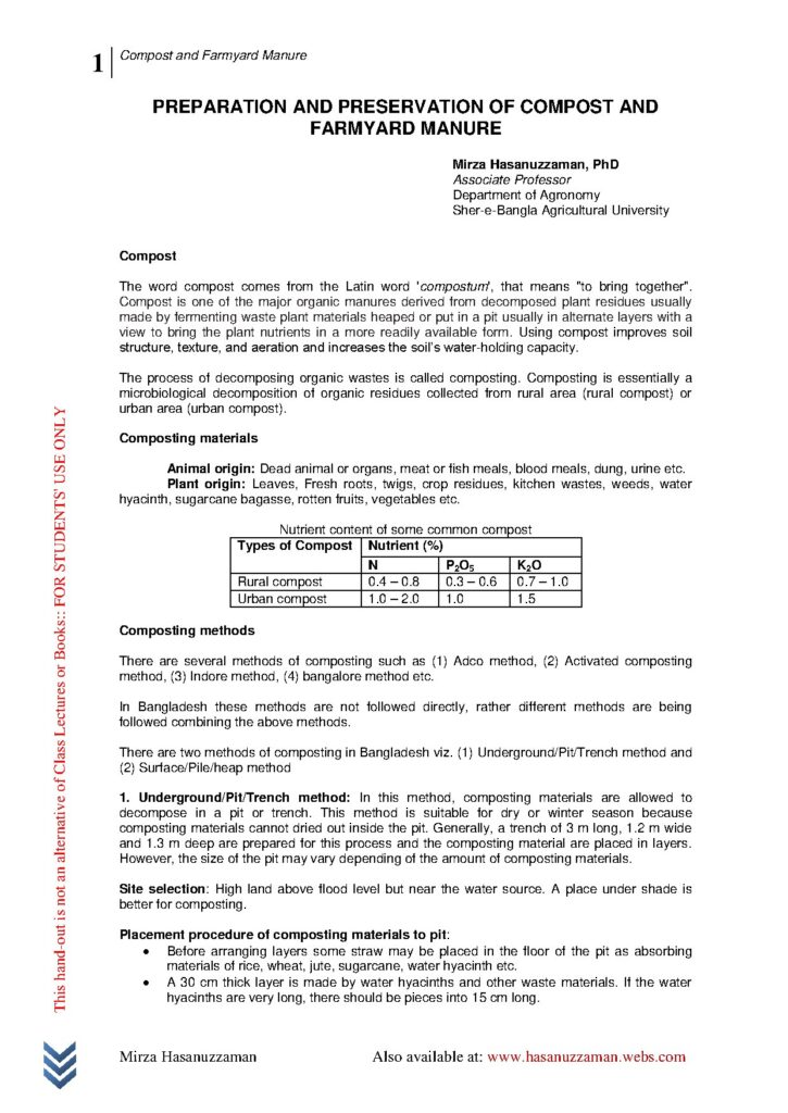 Preparation and Preservation of Compost and Farmyard Manures