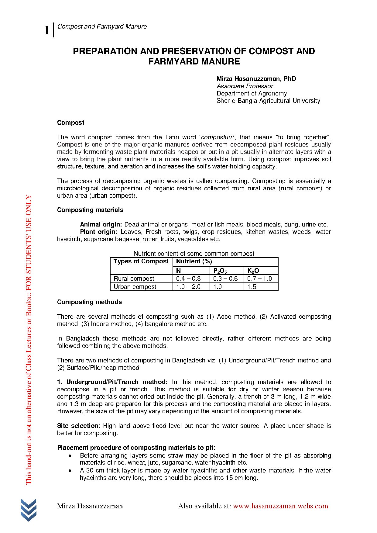 Preparation and Preservation of Compost and Farmyard Manures