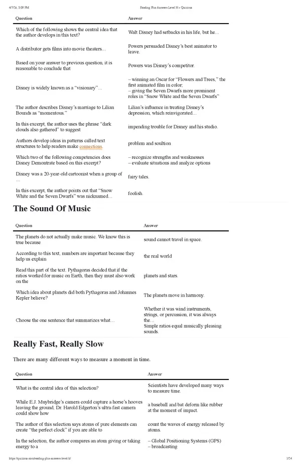 Reading Plus Answers Level H