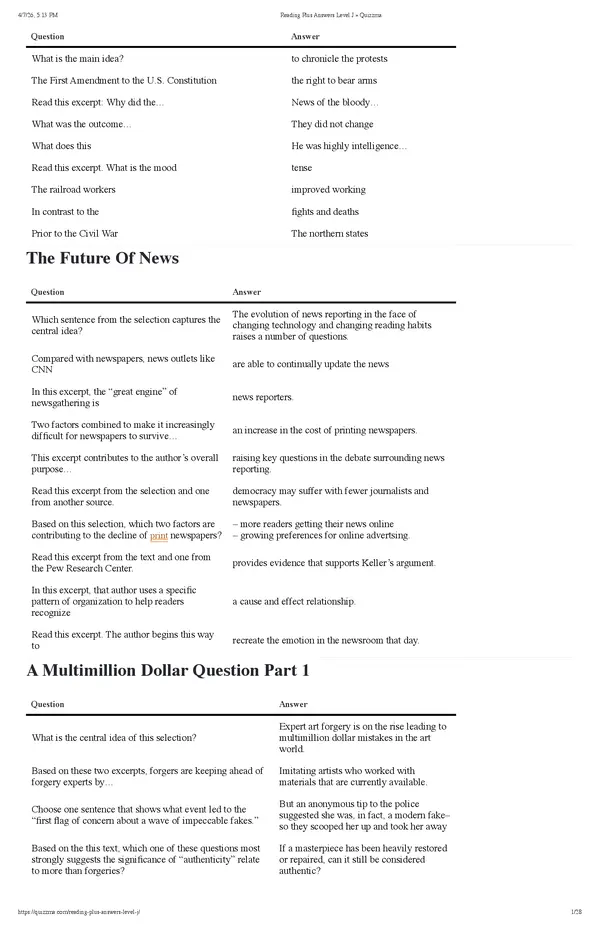 Reading Plus Answers Level J