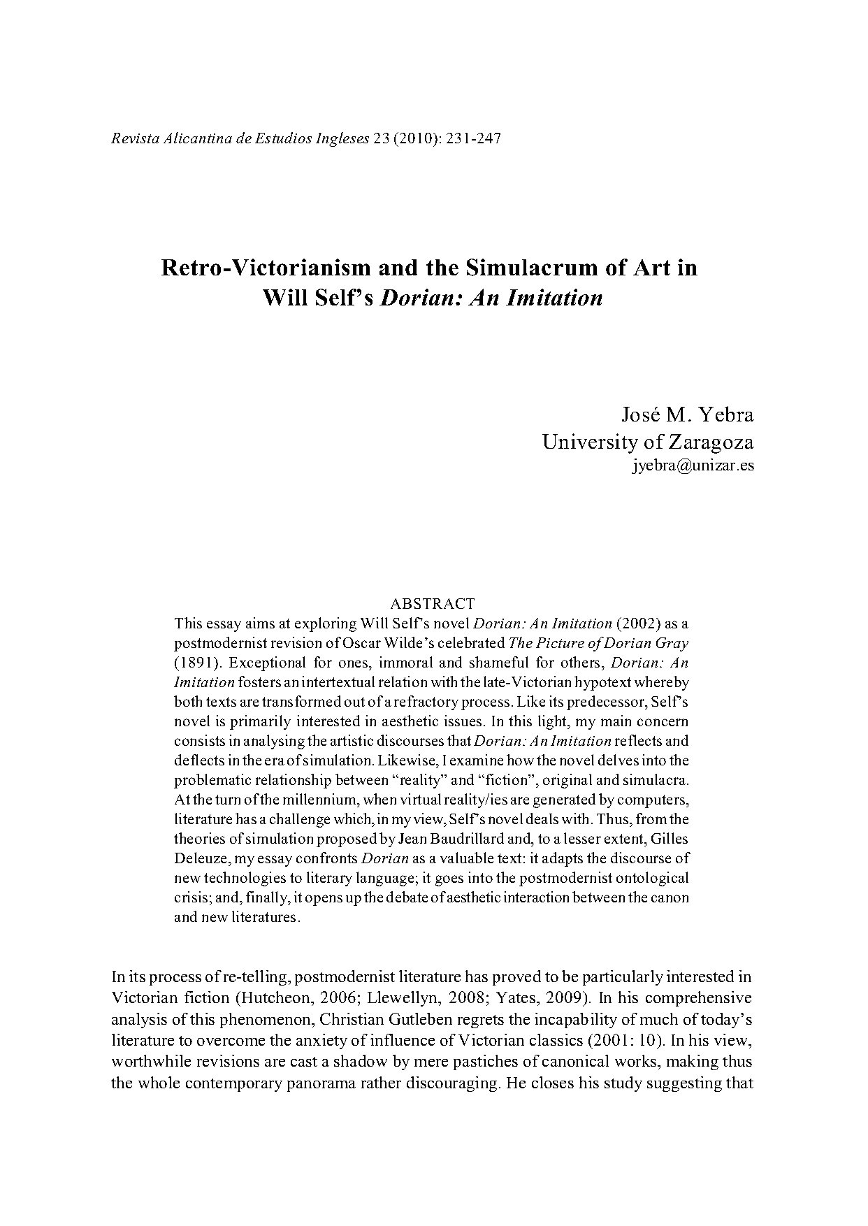 Retro-Victorianism and Art in Will Self’s Dorian: An Imitation