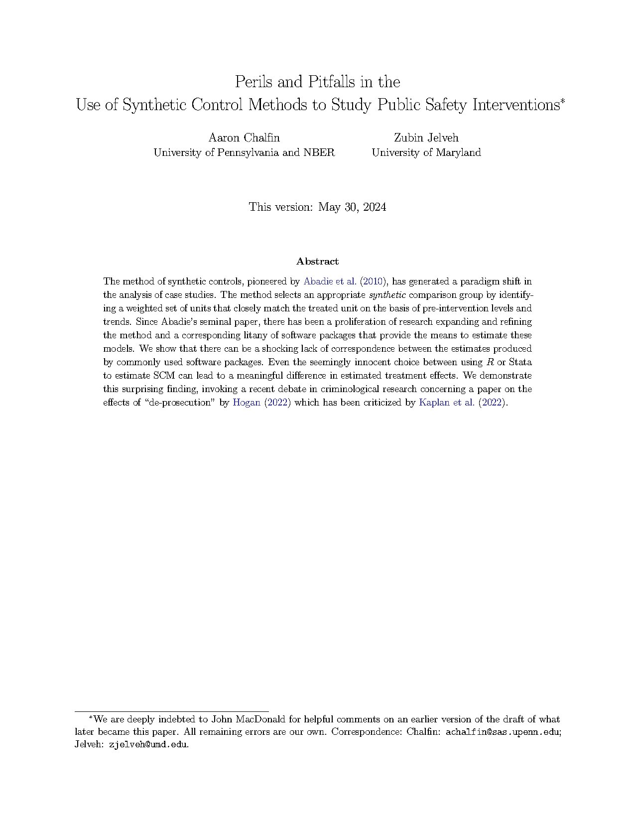Synthetic Control Methods in Public Safety Research