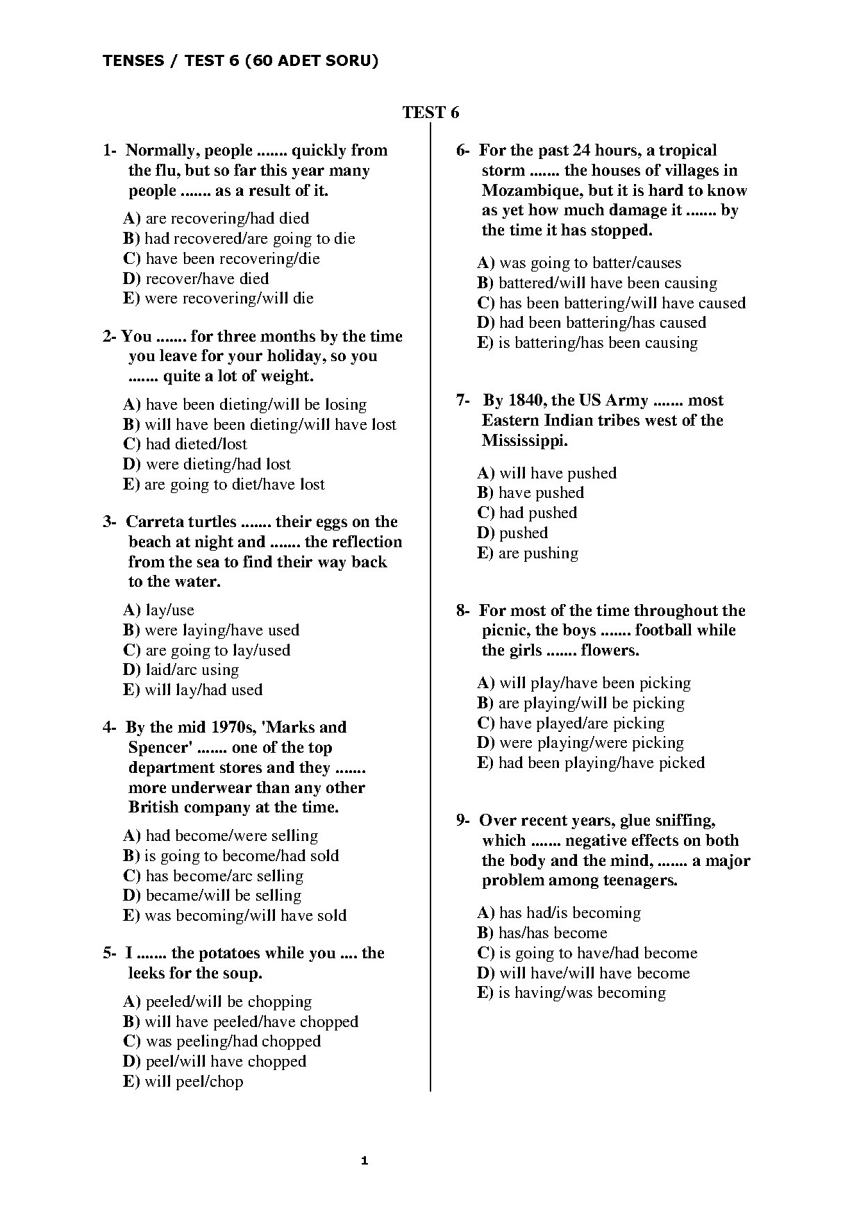 Tenses Test 6 with 60 Questions for English Learners