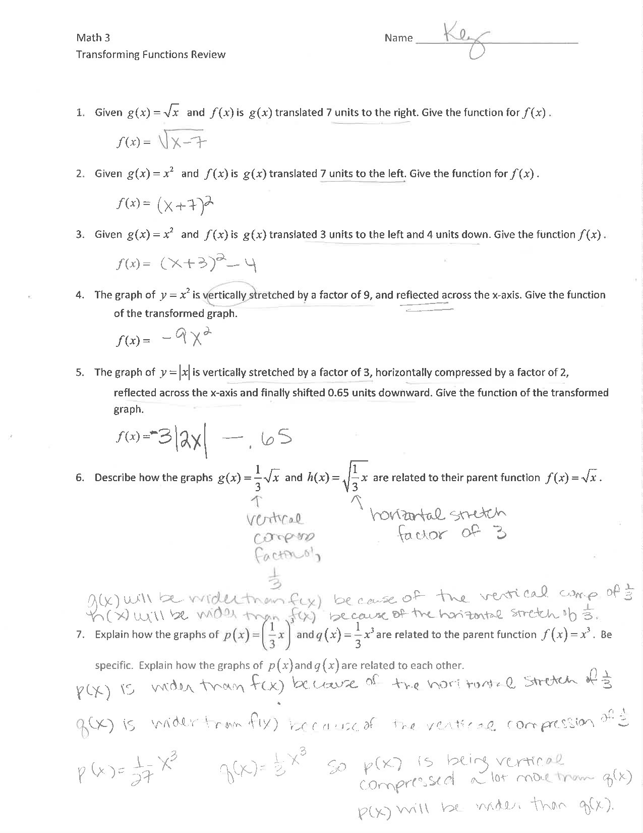 Transformation Functions Review Answer Key