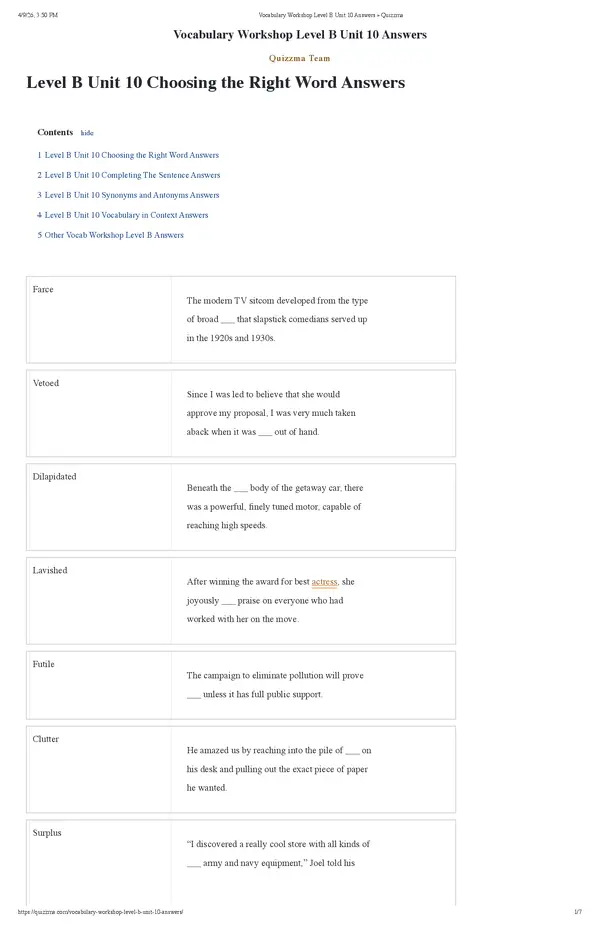 Vocabulary Workshop Level B Unit 10 Answers