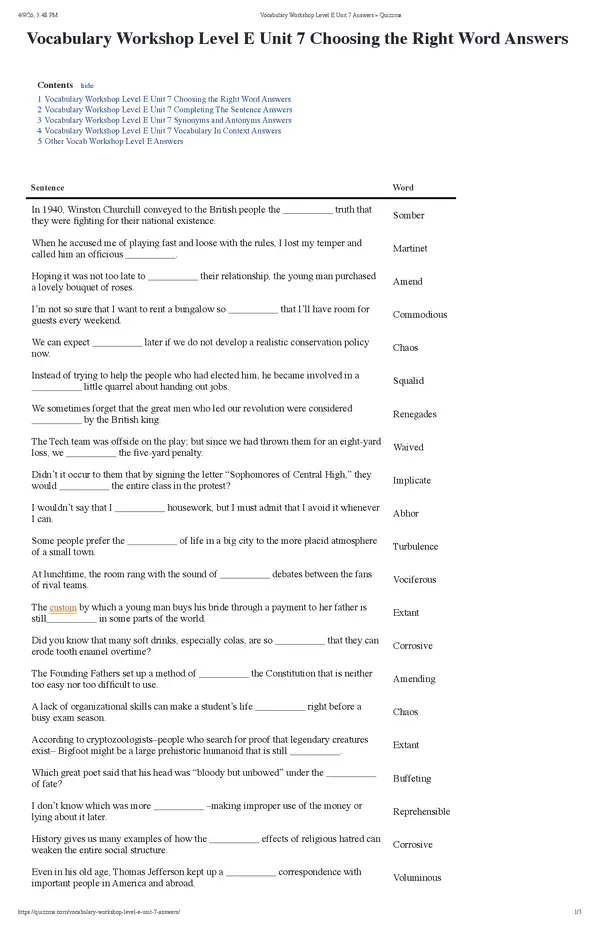 Vocabulary Workshop Level E Unit 7 Answers