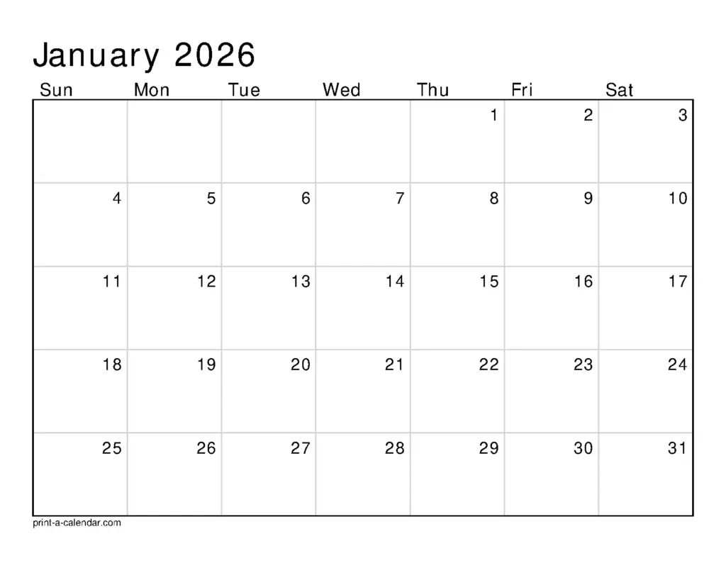 2026 Monthly Calendar Printable