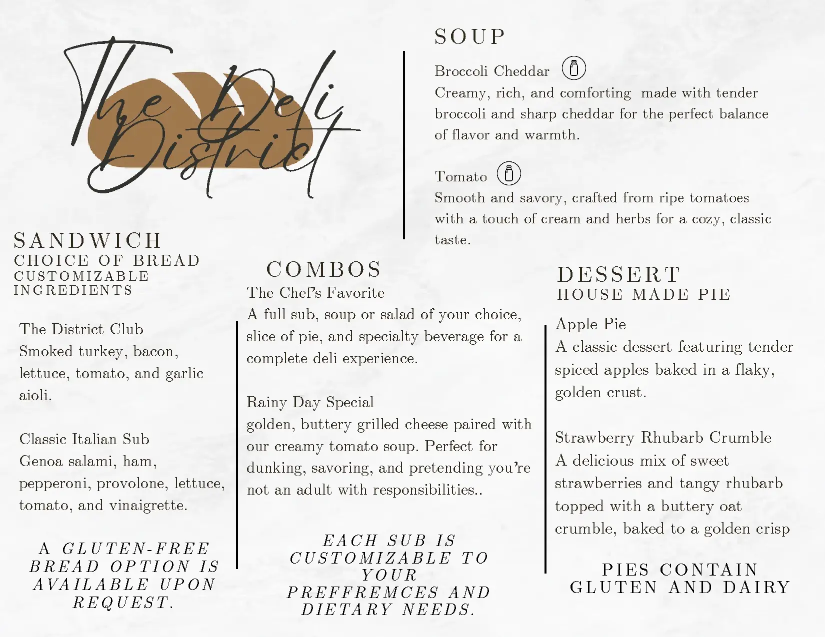 A La Carte Menu for The Deli District