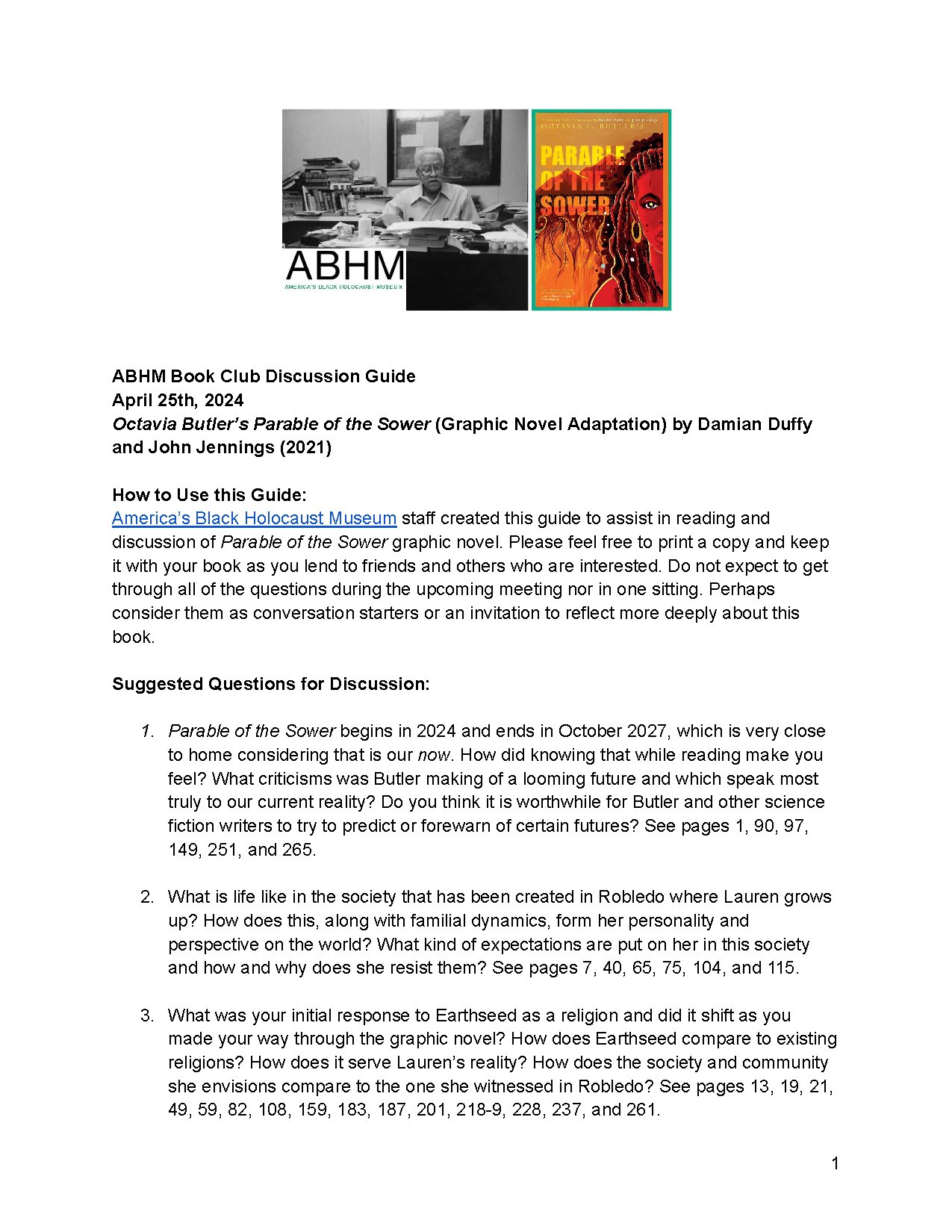 ABHM Parable of the Sower Graphic Novel Discussion Guide