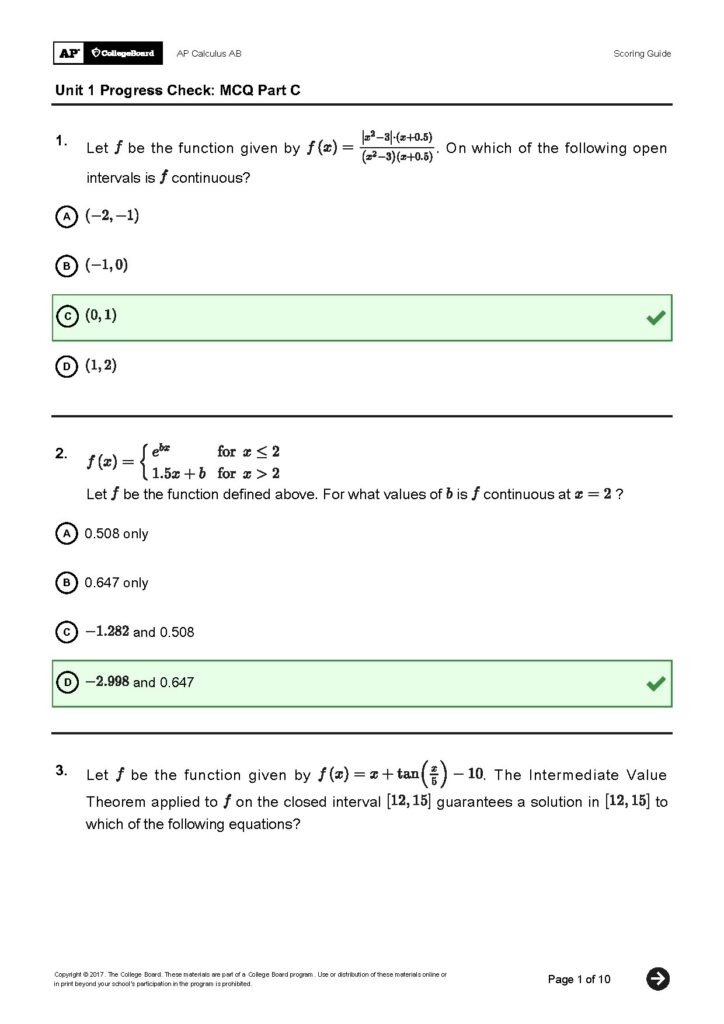 AP Calculus AB Unit 1 Progress Check MCQ Answers
