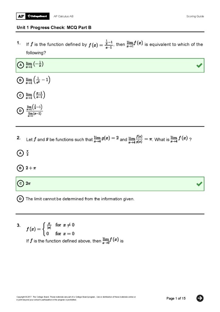 AP Calculus AB Unit 1 Progress Check MCQ Answers