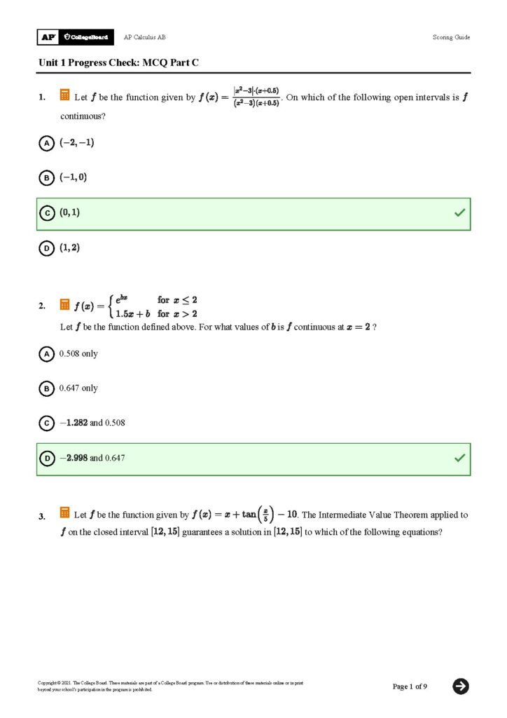 AP Calculus AB Unit 1 Progress Check MCQ Answers