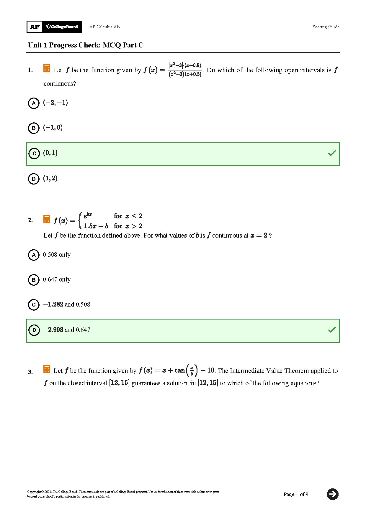 AP Calculus AB Unit 1 Progress Check MCQ Answers